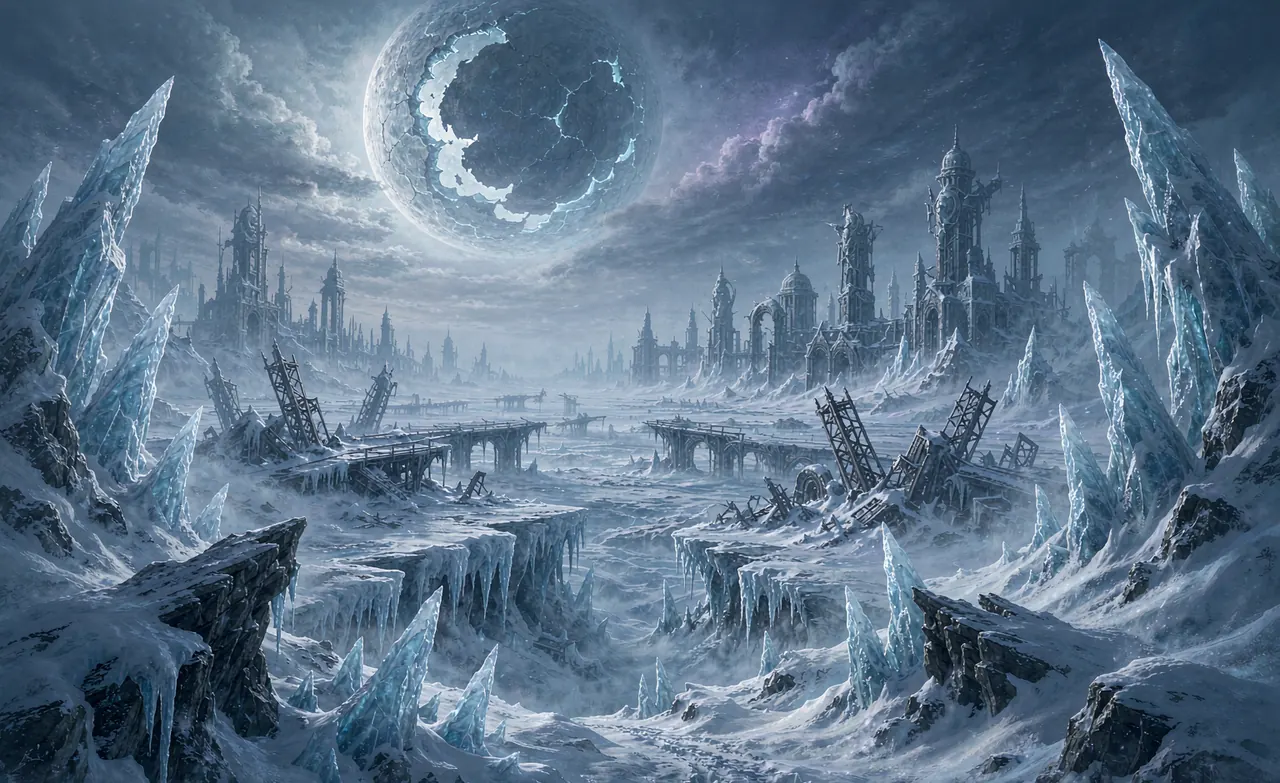 Frozen tundra and a ruined city skyline under a pale sky — Permafrost concept art