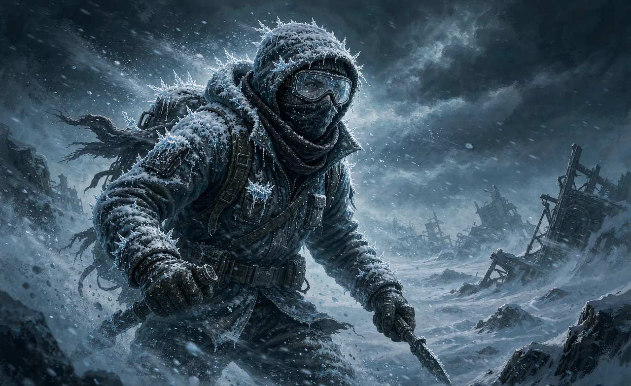 A survivor pushing through a violent whiteout blizzard — Permafrost concept art