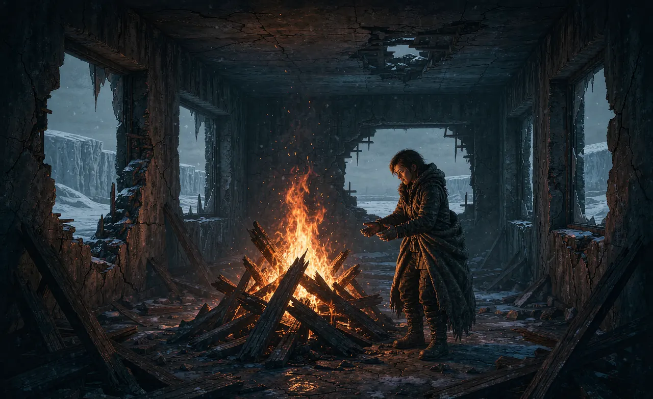 A campfire inside a ruined shelter