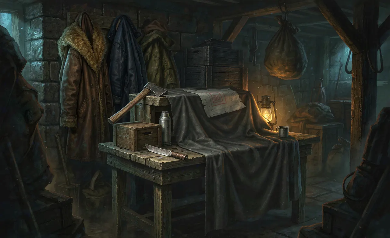 A survivor workbench with layered winter clothing and improvised tools — Permafrost concept art
